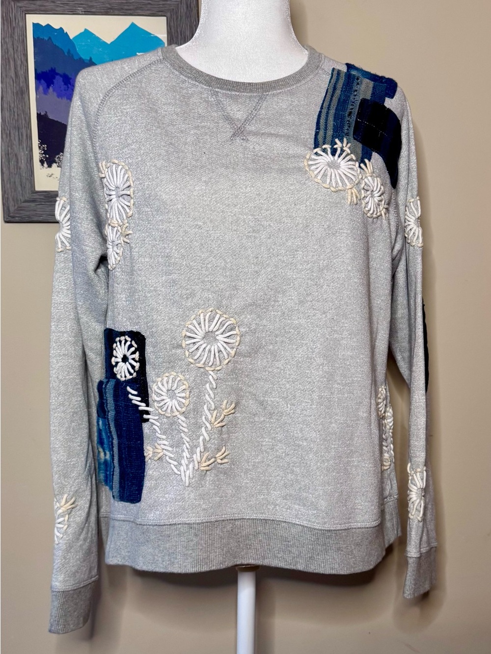 *ANTHROPOLOGIE* Light Gray Embroidered Crewneck Sweater with Navy Patch Accents